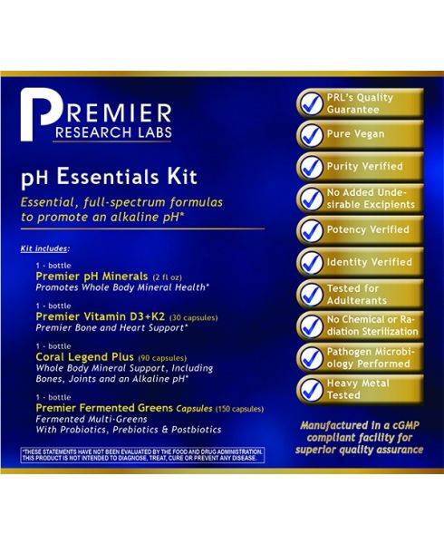 pH Essentials Kit (1 each: Fermented Greens, Coral Legend Plus 90 caps, Vitamin D3+K2, Pr. pH Minerals 2 oz) By Premier Research Labs