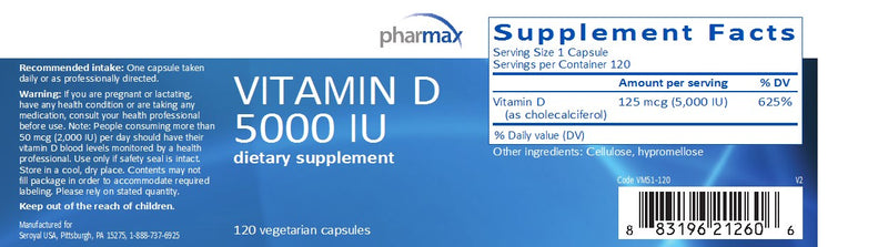 Vitamin D 5000 iu (120 caps) by Pharmax