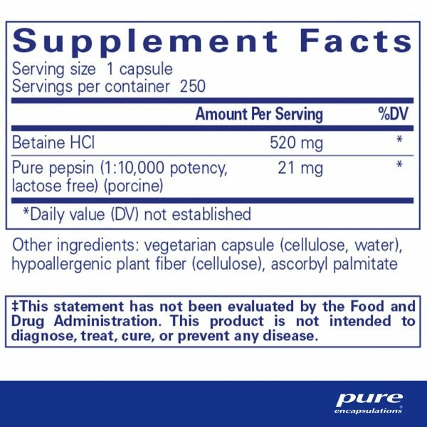 Betaine HCI Pepsin 250 capsules by Pure Encapsulations